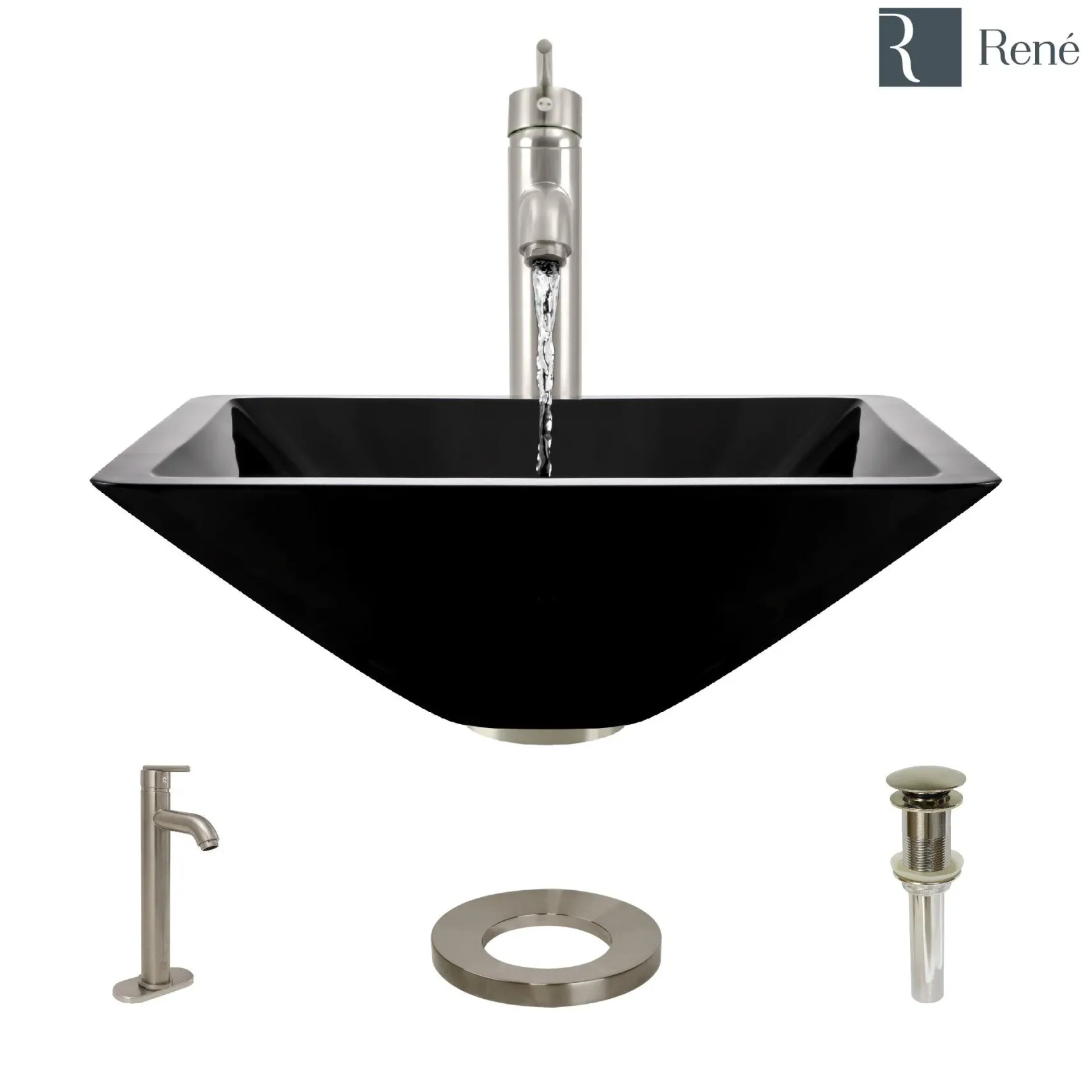 Rene 17" Square Glass Bathroom Sink, Noir, with Faucet, R5-5003-NOR-R9-7001-BN