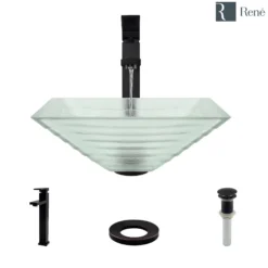 Rene 17" Square Glass Bathroom Sink, Textured, with Faucet, R5-5004-R9-7003-ABR