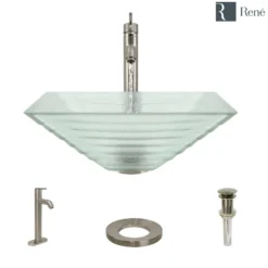 Rene 17" Square Glass Bathroom Sink, Textured, with Faucet, R5-5004-R9-7001-BN