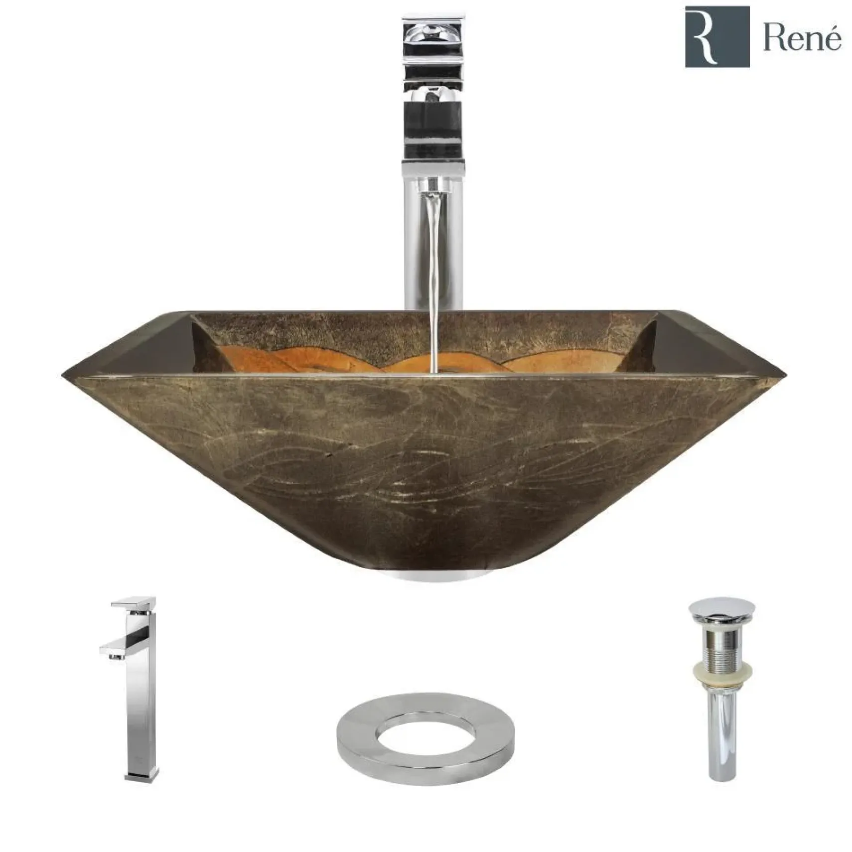 Rene 17" Square Glass Bathroom Sink, Metallic Green and Gold, with Faucet, R5-5036-R9-7003-C