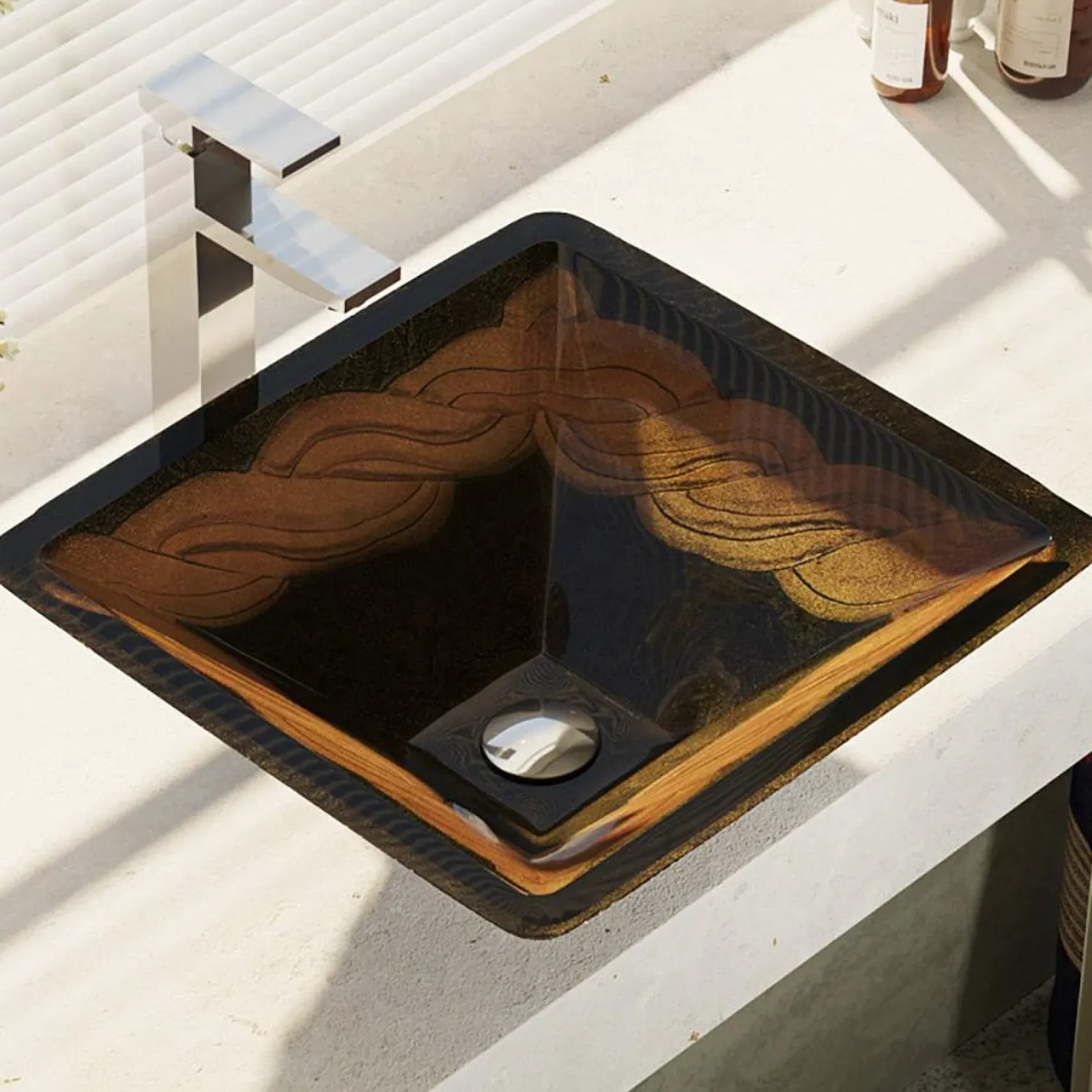 Rene 17" Square Glass Bathroom Sink, Metallic Green and Gold, with Faucet, R5-5036-R9-7003-C