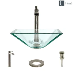 Rene 17" Square Glass Bathroom Sink, Crystal, with Faucet, R5-5003-CRY-R9-7007-BN
