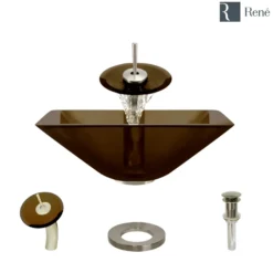 Rene 17" Square Glass Bathroom Sink, Cashmere, with Faucet, R5-5003-CAS-WF-BN