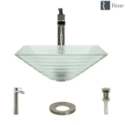 Rene 17" Square Glass Bathroom Sink, Textured, with Faucet, R5-5004-R9-7007-BN