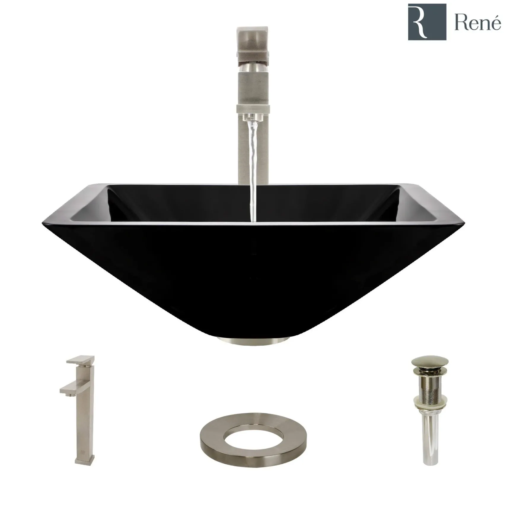 Rene 17" Square Glass Bathroom Sink, Noir, with Faucet, R5-5003-NOR-R9-7003-BN