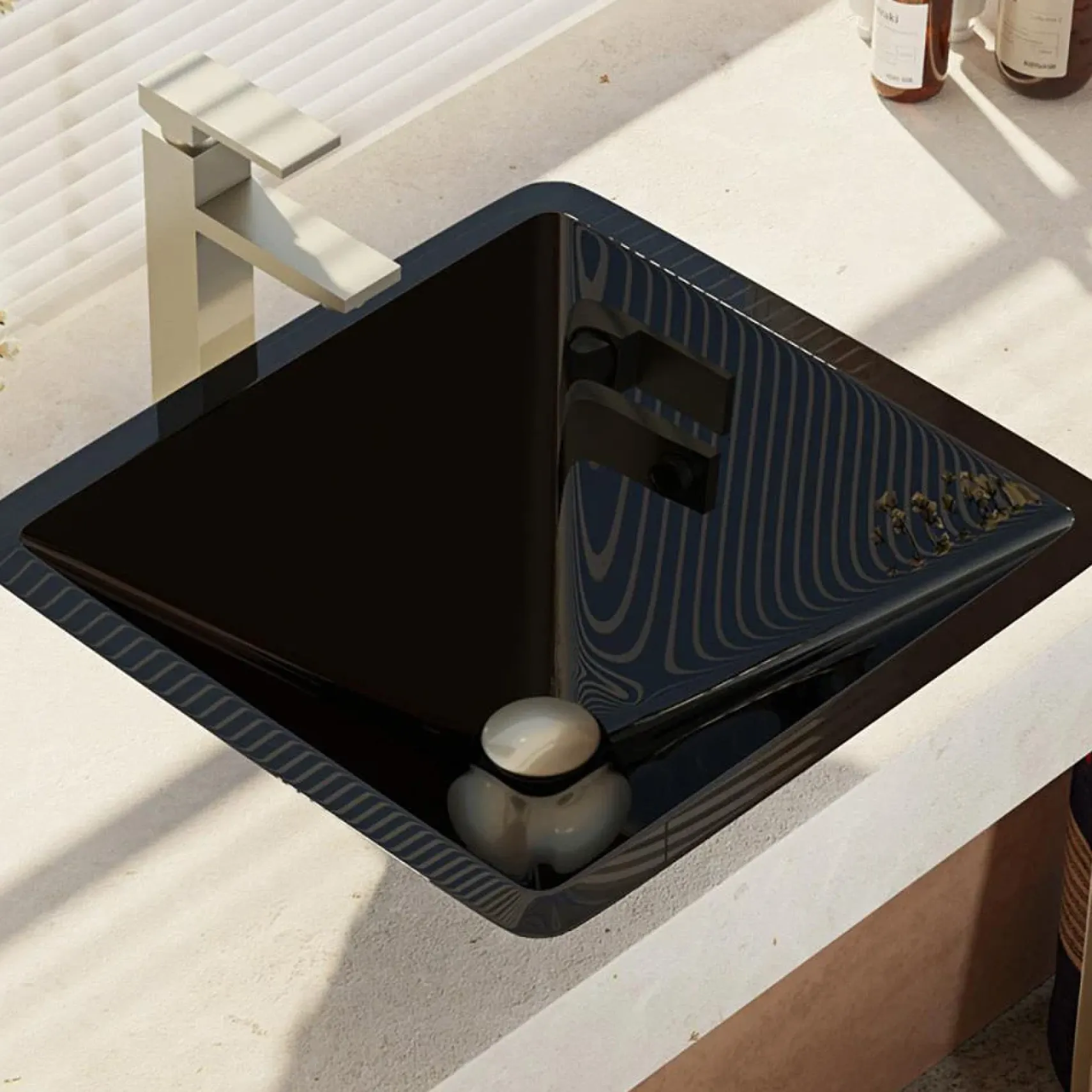 Rene 17" Square Glass Bathroom Sink, Noir, with Faucet, R5-5003-NOR-R9-7003-BN