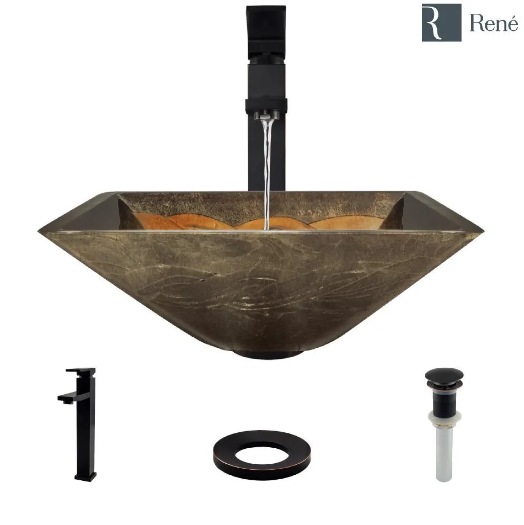 Rene 17" Square Glass Bathroom Sink, Metallic Green and Gold, with Faucet, R5-5036-R9-7003-ABR