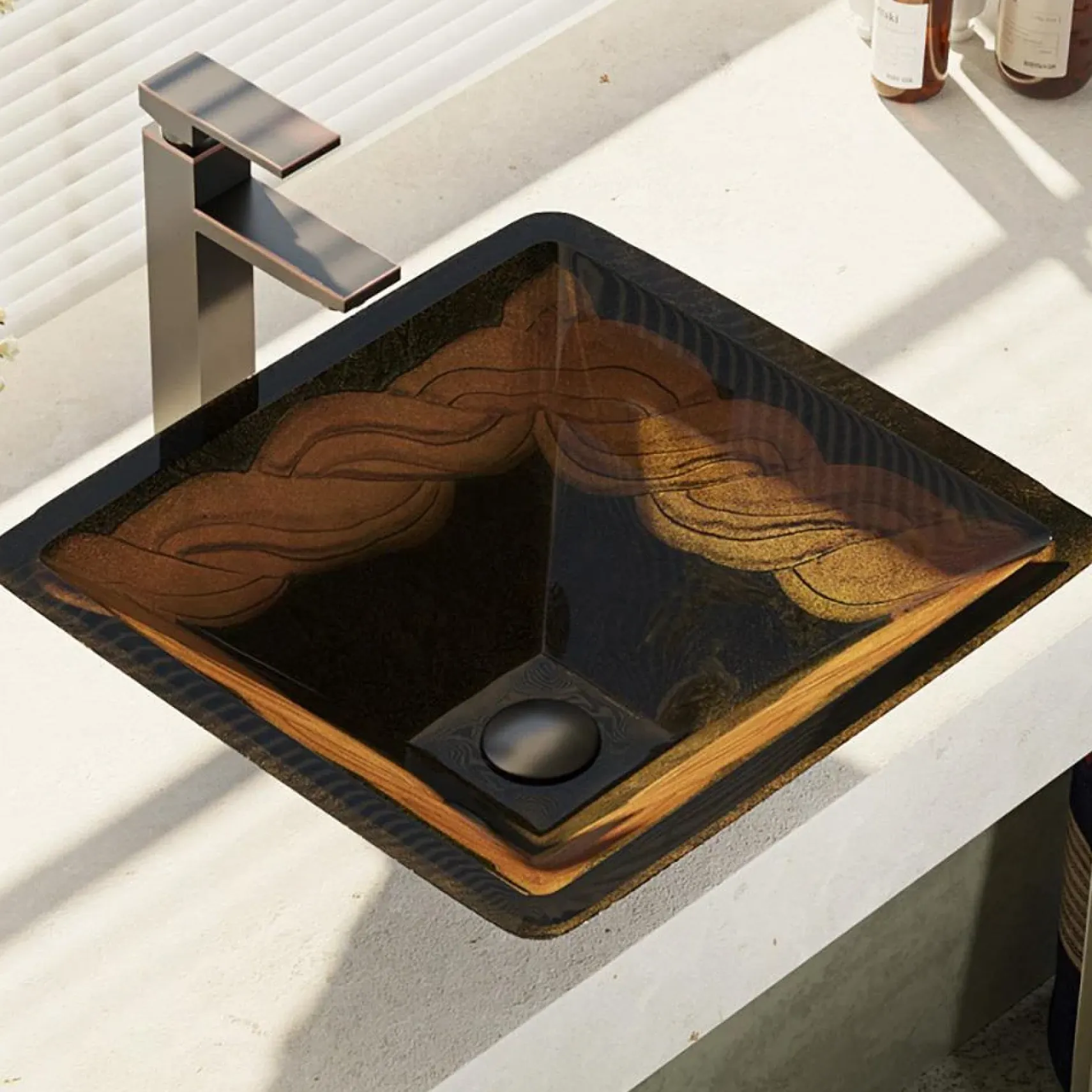 Rene 17" Square Glass Bathroom Sink, Metallic Green and Gold, with Faucet, R5-5036-R9-7003-ABR