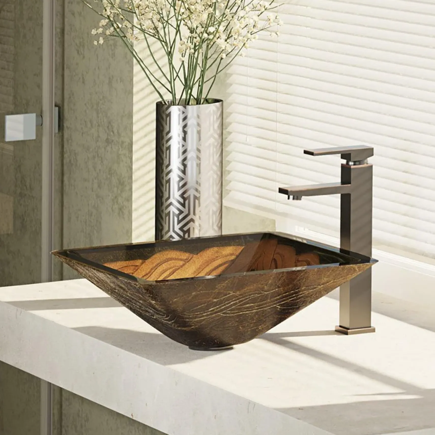 Rene 17" Square Glass Bathroom Sink, Metallic Green and Gold, with Faucet, R5-5036-R9-7003-ABR