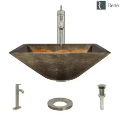 Rene 17" Square Glass Bathroom Sink, Metallic Green and Gold, with Faucet, R5-5036-R9-7001-BN