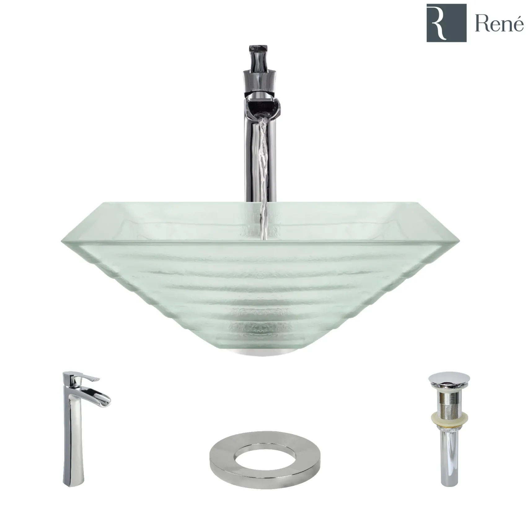 Rene 17" Square Glass Bathroom Sink, Textured, with Faucet, R5-5004-R9-7007-C