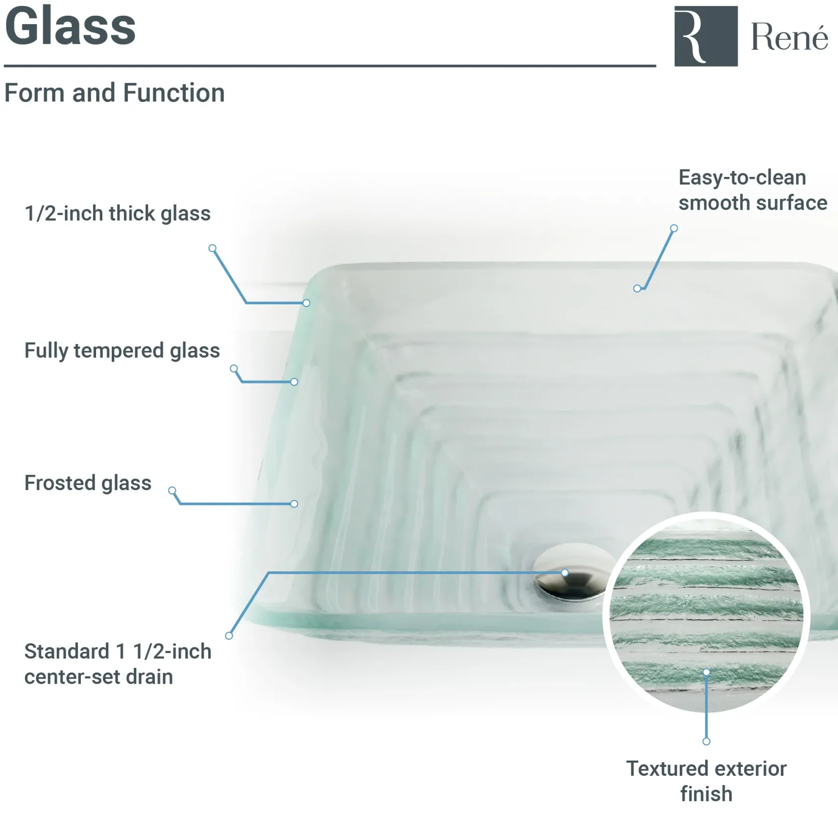 Rene 17" Square Glass Bathroom Sink, Textured, with Faucet, R5-5004-R9-7007-C