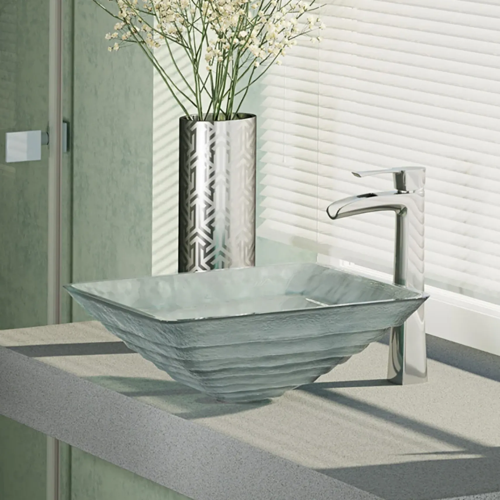 Rene 17" Square Glass Bathroom Sink, Textured, with Faucet, R5-5004-R9-7007-C