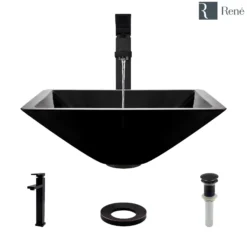Rene 17" Square Glass Bathroom Sink, Noir, with Faucet, R5-5003-NOR-R9-7003-ABR