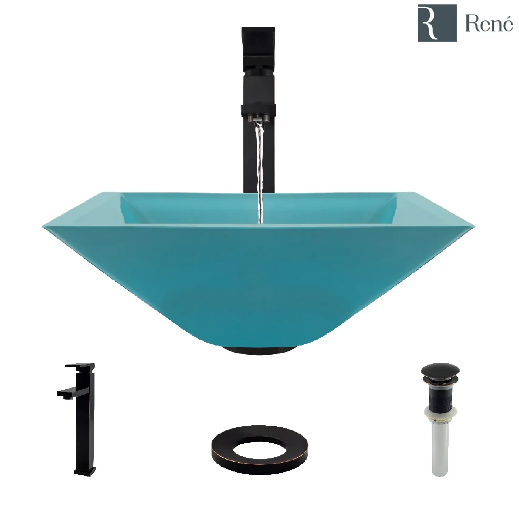 Rene 17" Square Glass Bathroom Sink, Cerulean, with Faucet, R5-5003-CER-R9-7003-ABR
