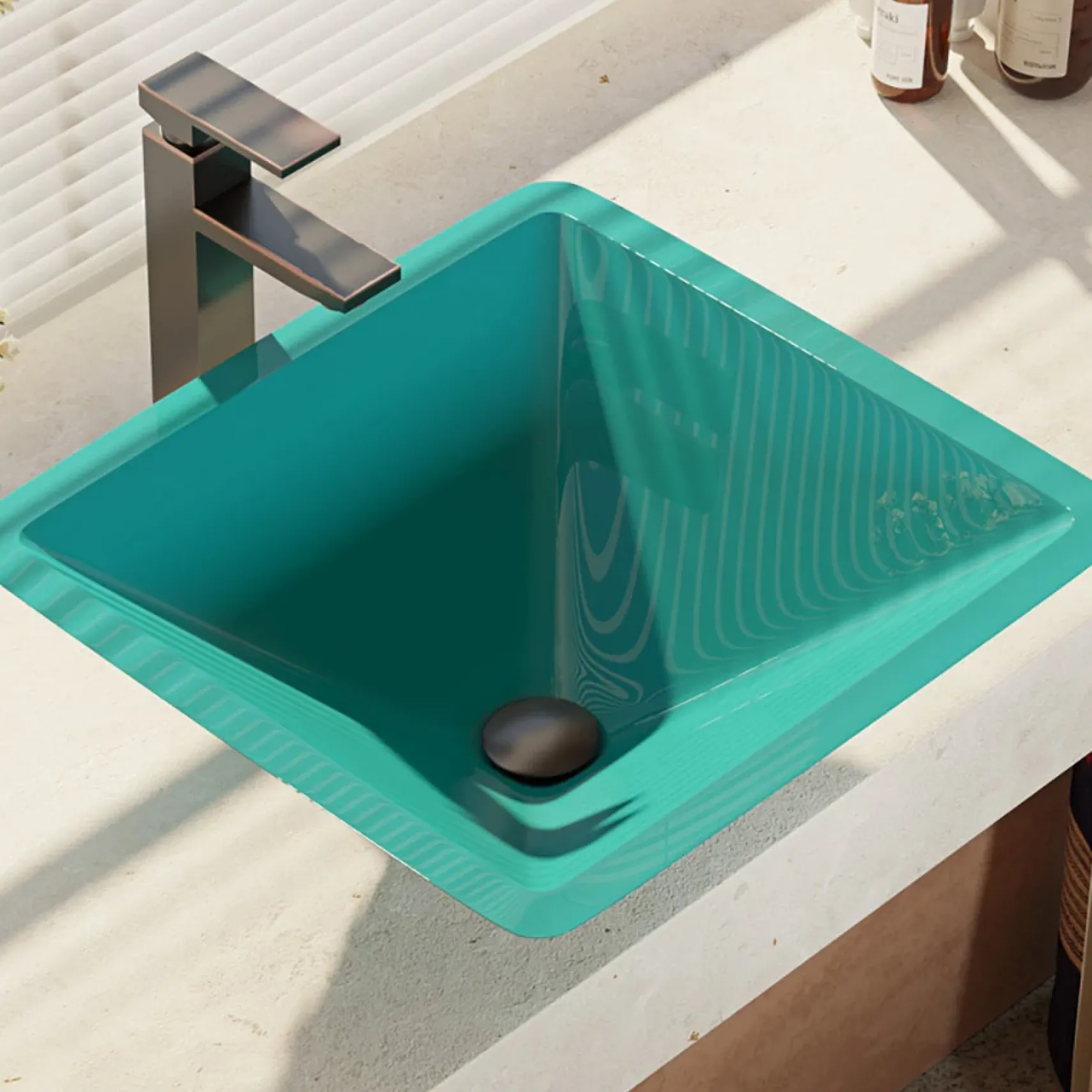 Rene 17" Square Glass Bathroom Sink, Cerulean, with Faucet, R5-5003-CER-R9-7003-ABR