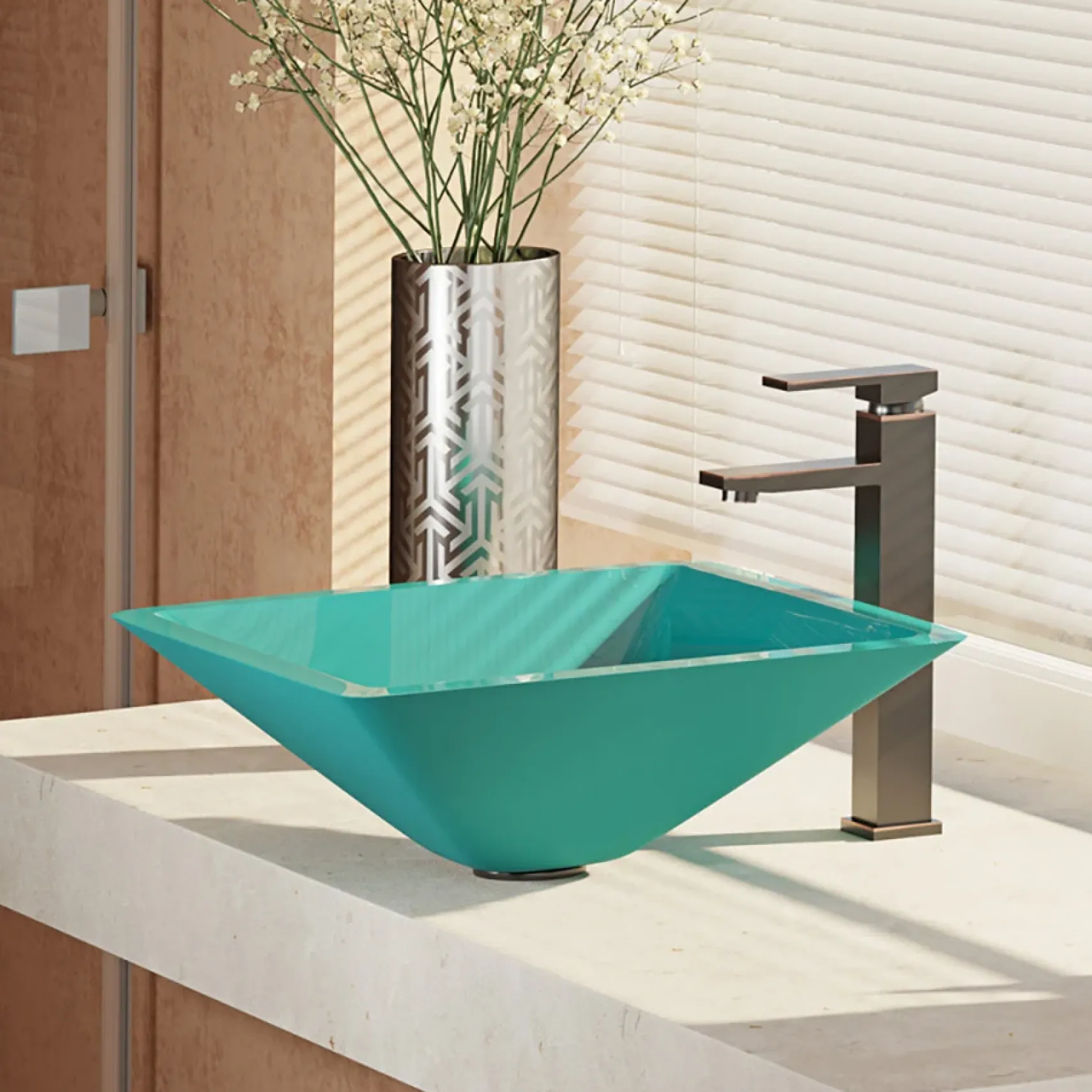 Rene 17" Square Glass Bathroom Sink, Cerulean, with Faucet, R5-5003-CER-R9-7003-ABR