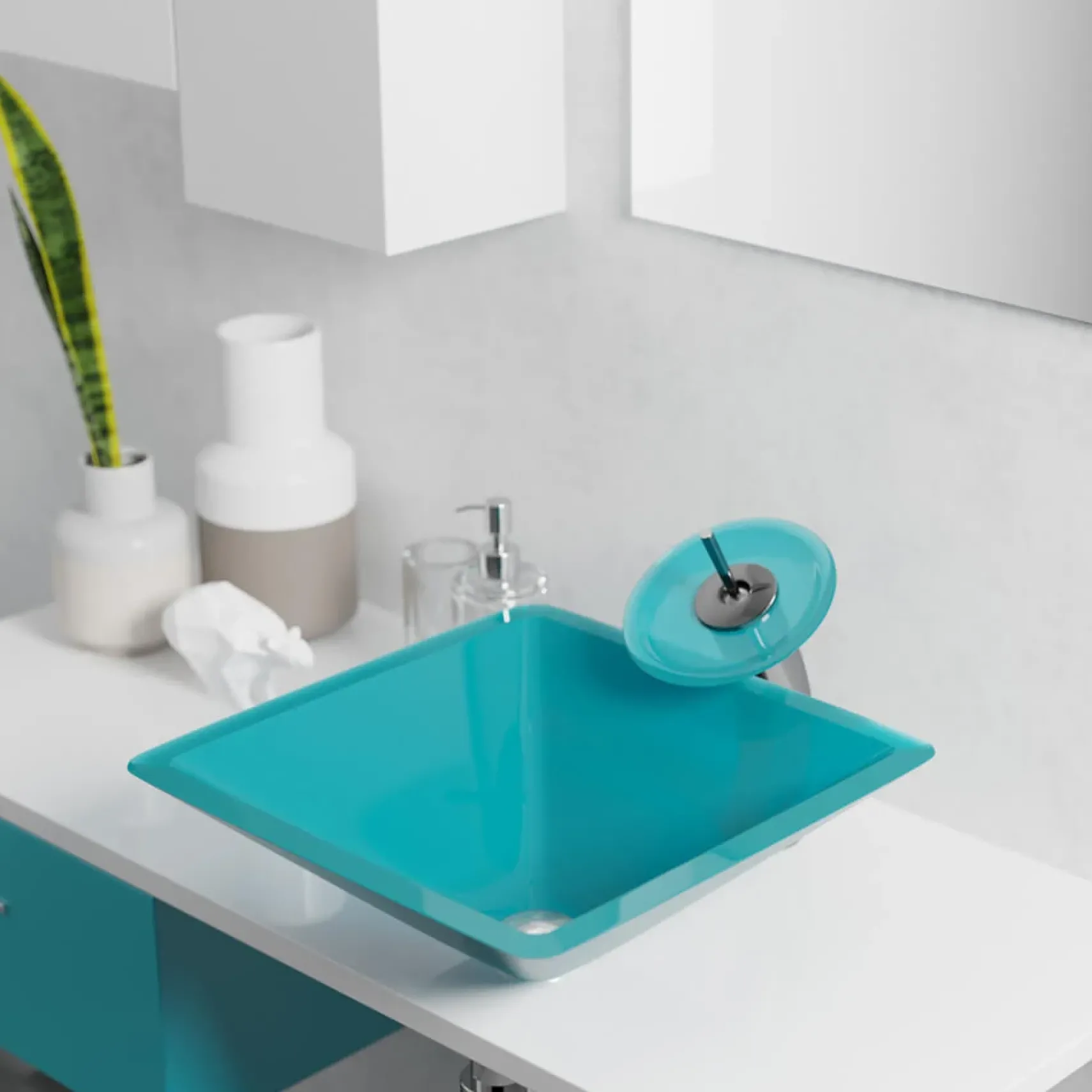 Rene 17" Square Glass Bathroom Sink, Cerulean, with Faucet, R5-5003-CER-R9-7003-ABR