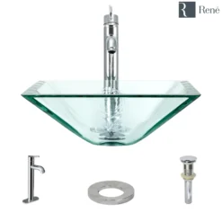 Rene 17" Square Glass Bathroom Sink, Crystal, with Faucet, R5-5003-CRY-R9-7001-C