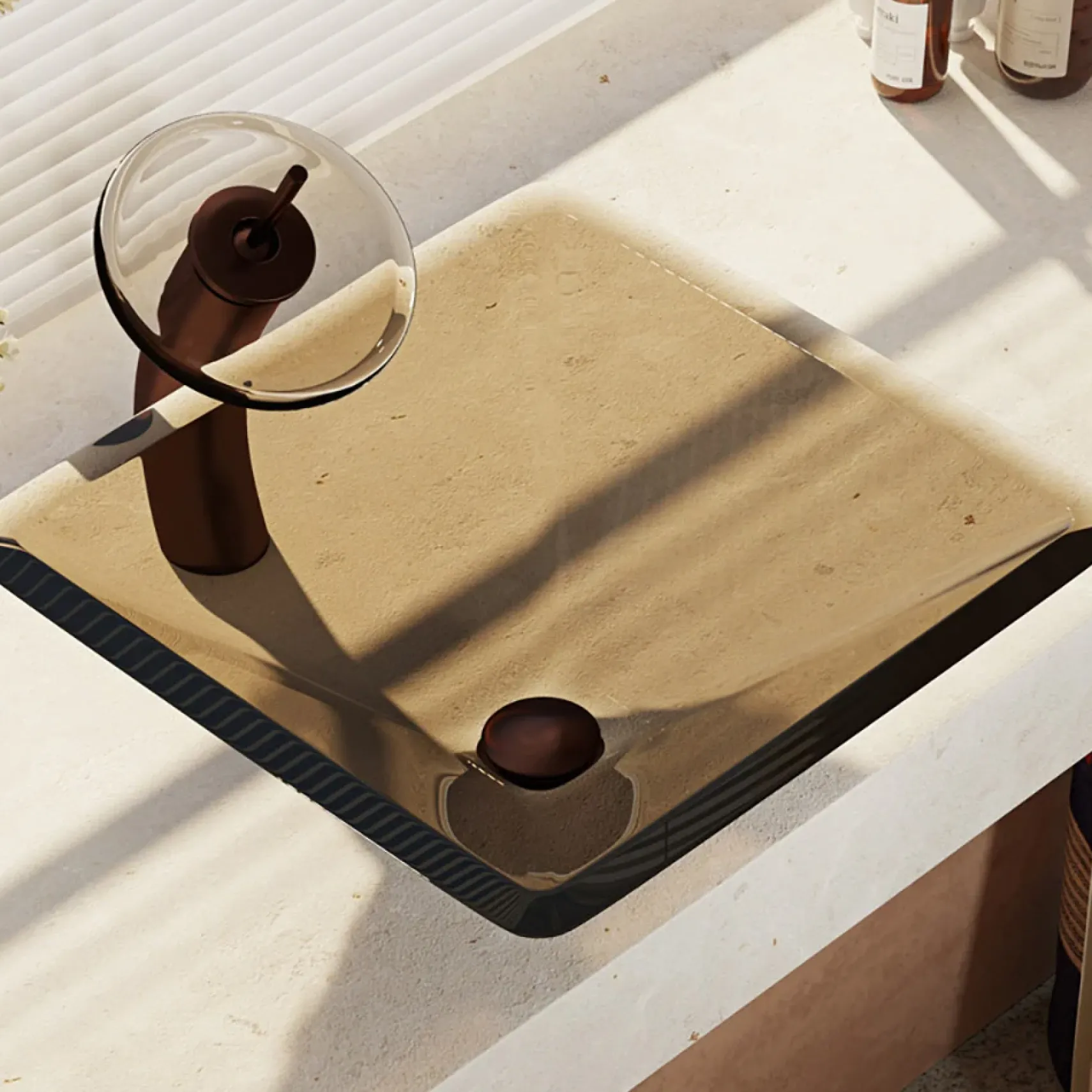 Rene 17" Square Glass Bathroom Sink, Cashmere, with Faucet, R5-5003-CAS-WF-ORB