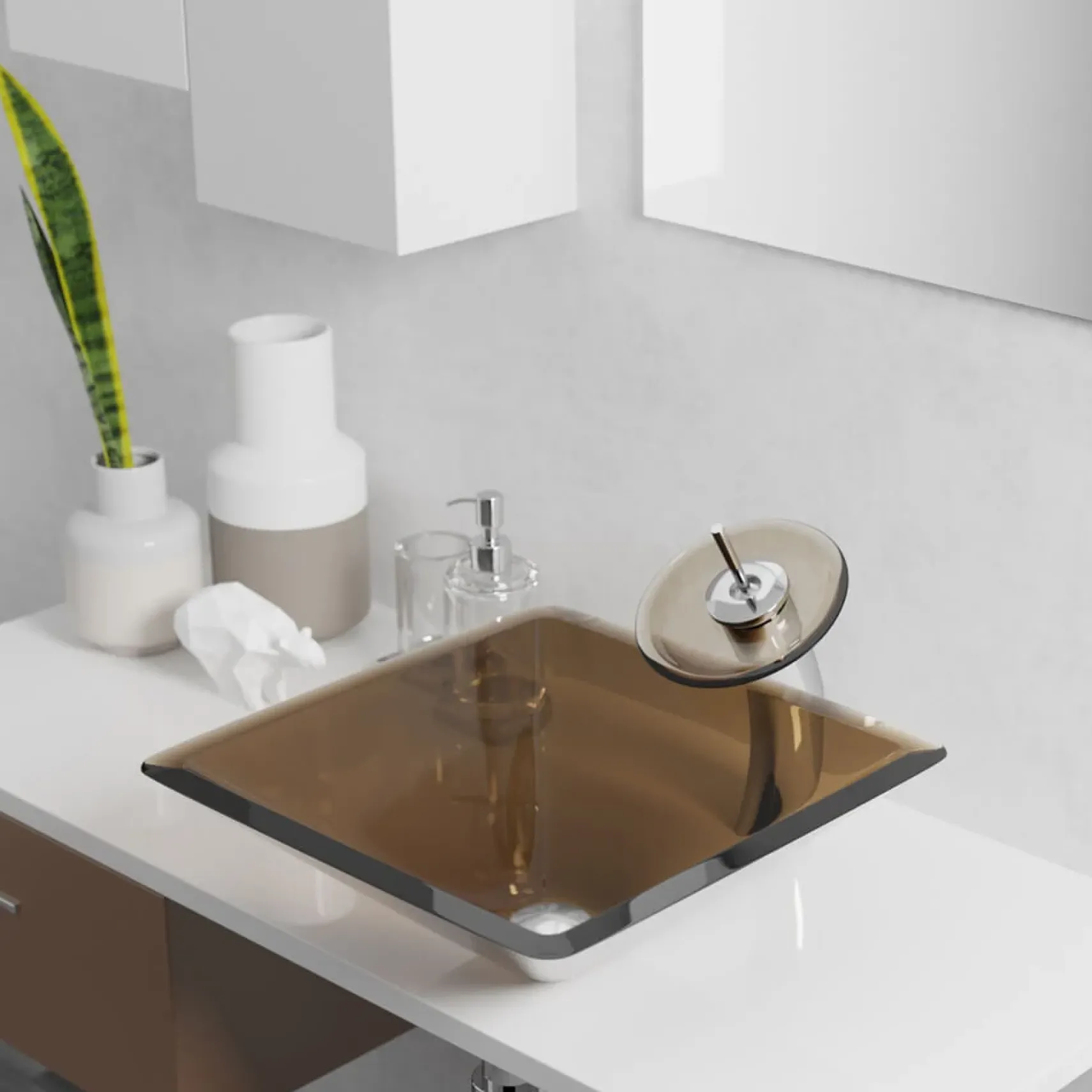 Rene 17" Square Glass Bathroom Sink, Cashmere, with Faucet, R5-5003-CAS-WF-ORB