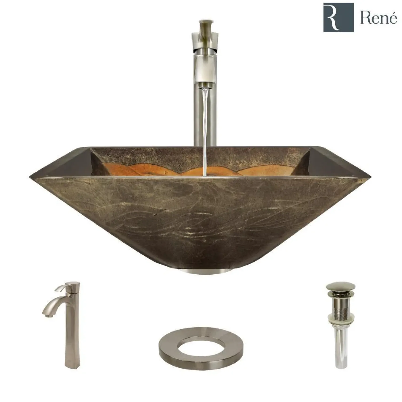 Rene 17" Square Glass Bathroom Sink, Metallic Green and Gold, with Faucet, R5-5036-R9-7006-BN