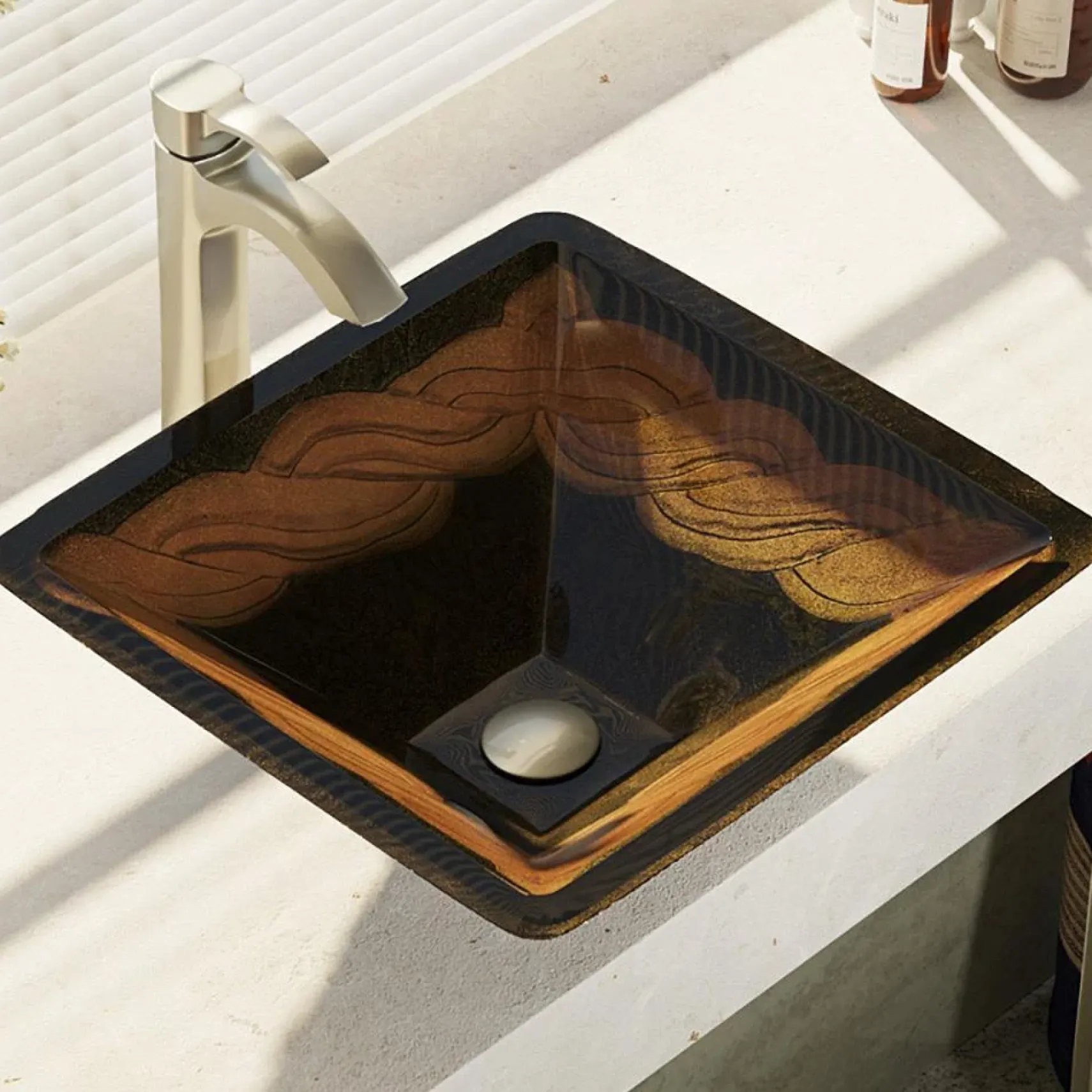 Rene 17" Square Glass Bathroom Sink, Metallic Green and Gold, with Faucet, R5-5036-R9-7006-BN