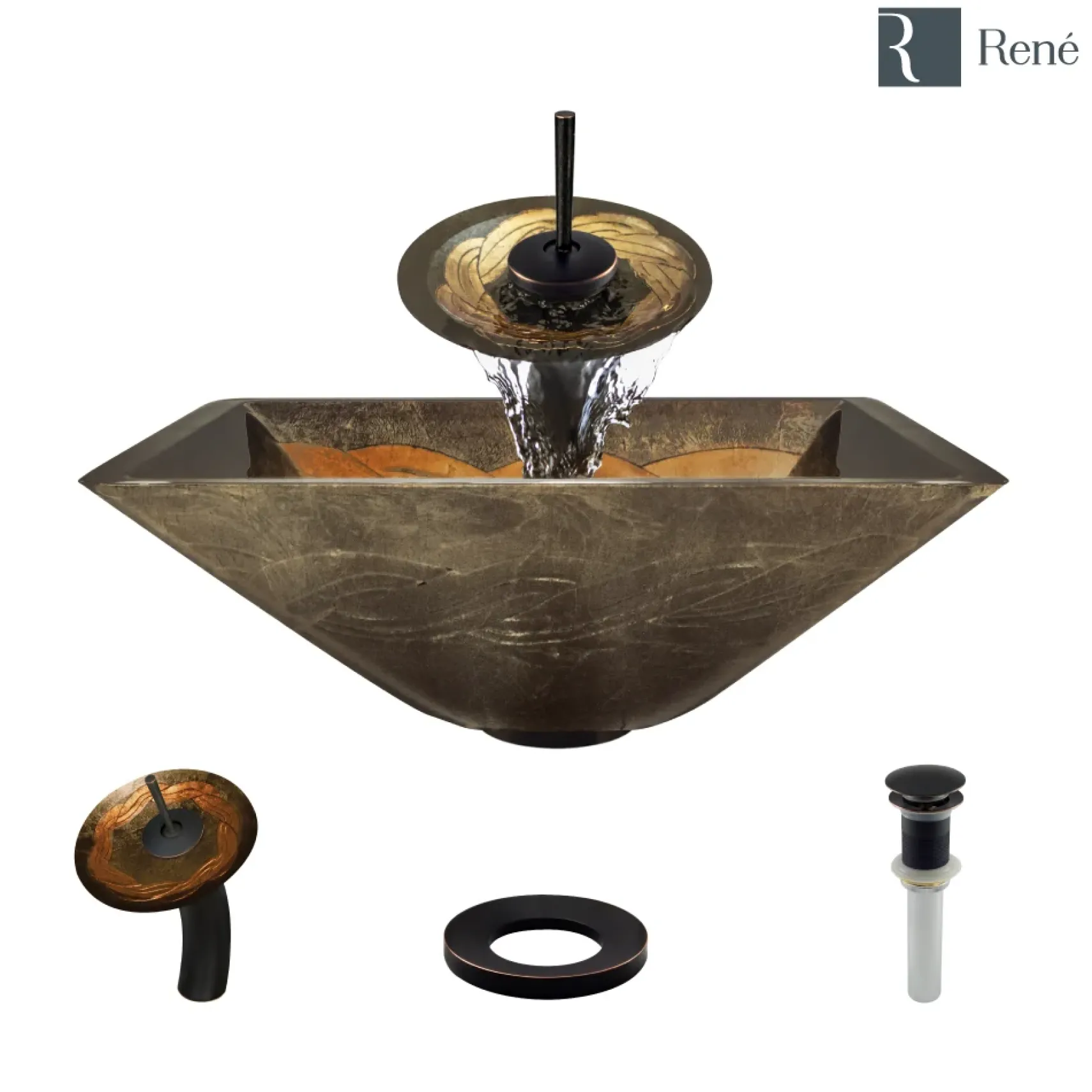 Rene 17" Square Glass Bathroom Sink, Metallic Green and Gold, with Faucet, R5-5036-WF-ABR