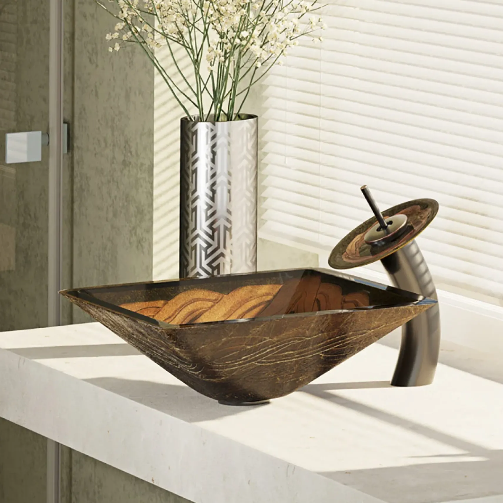 Rene 17" Square Glass Bathroom Sink, Metallic Green and Gold, with Faucet, R5-5036-WF-ABR
