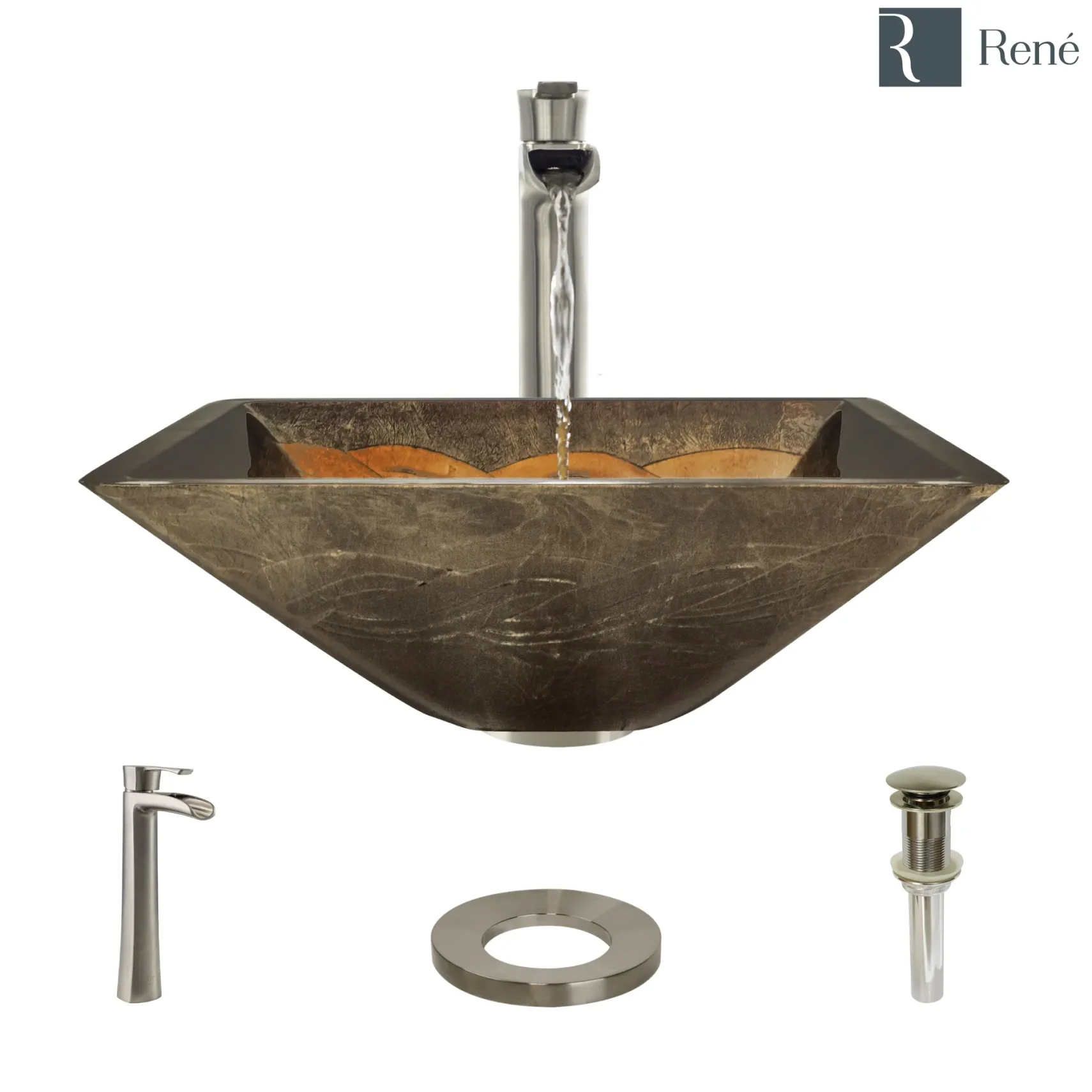 Rene 17" Square Glass Bathroom Sink, Metallic Green and Gold, with Faucet, R5-5036-R9-7007-BN