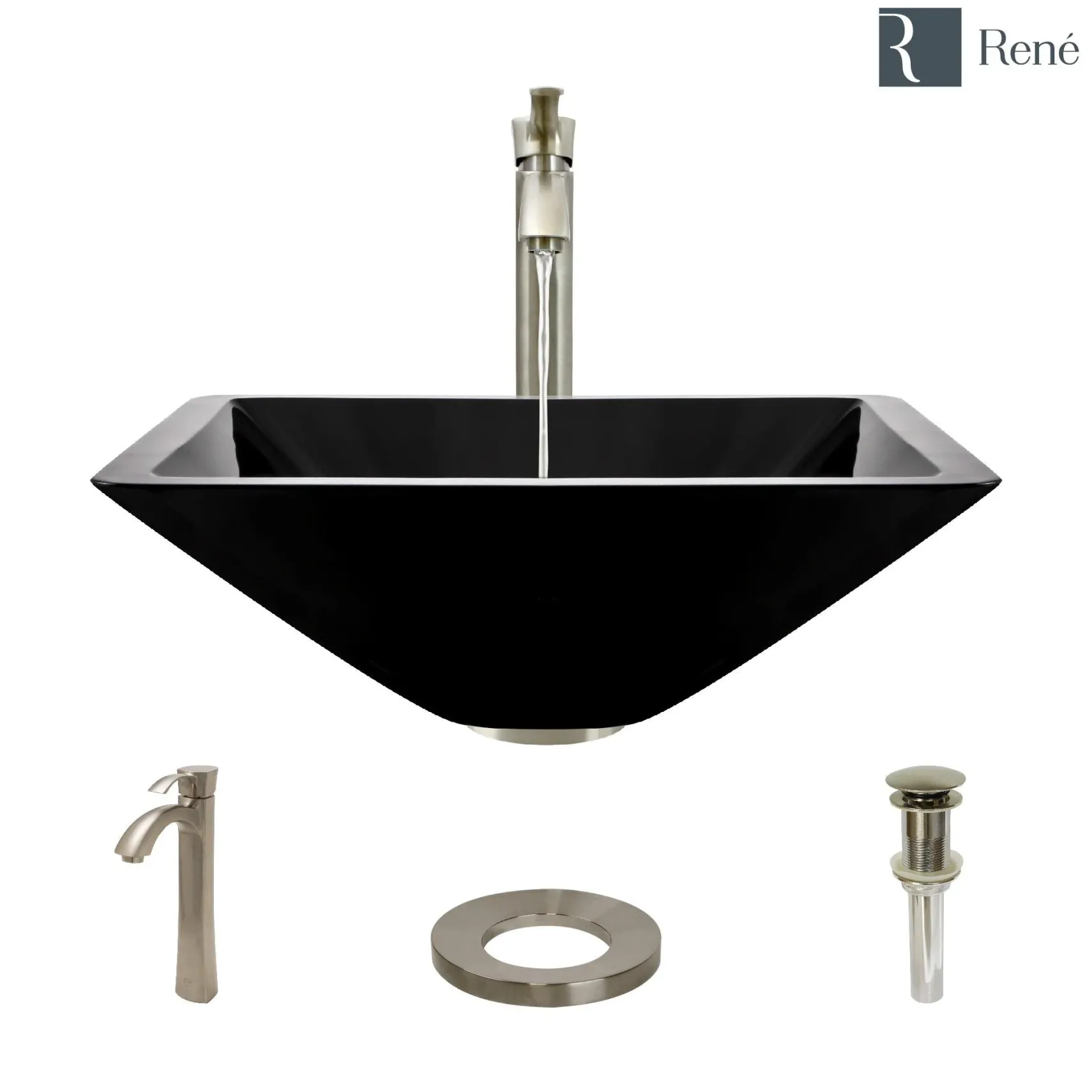 Rene 17" Square Glass Bathroom Sink, Noir, with Faucet, R5-5003-NOR-R9-7006-BN