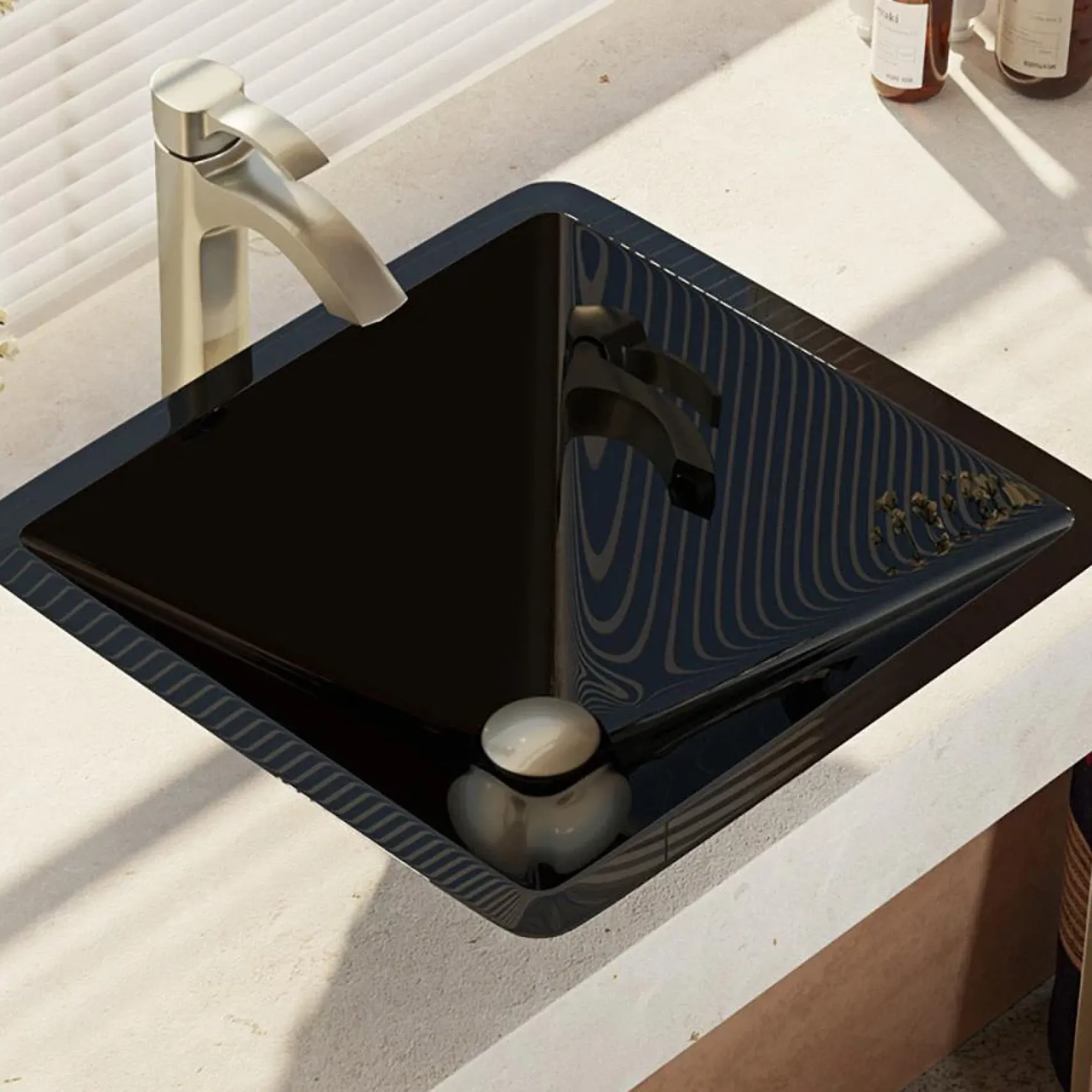 Rene 17" Square Glass Bathroom Sink, Noir, with Faucet, R5-5003-NOR-R9-7006-BN