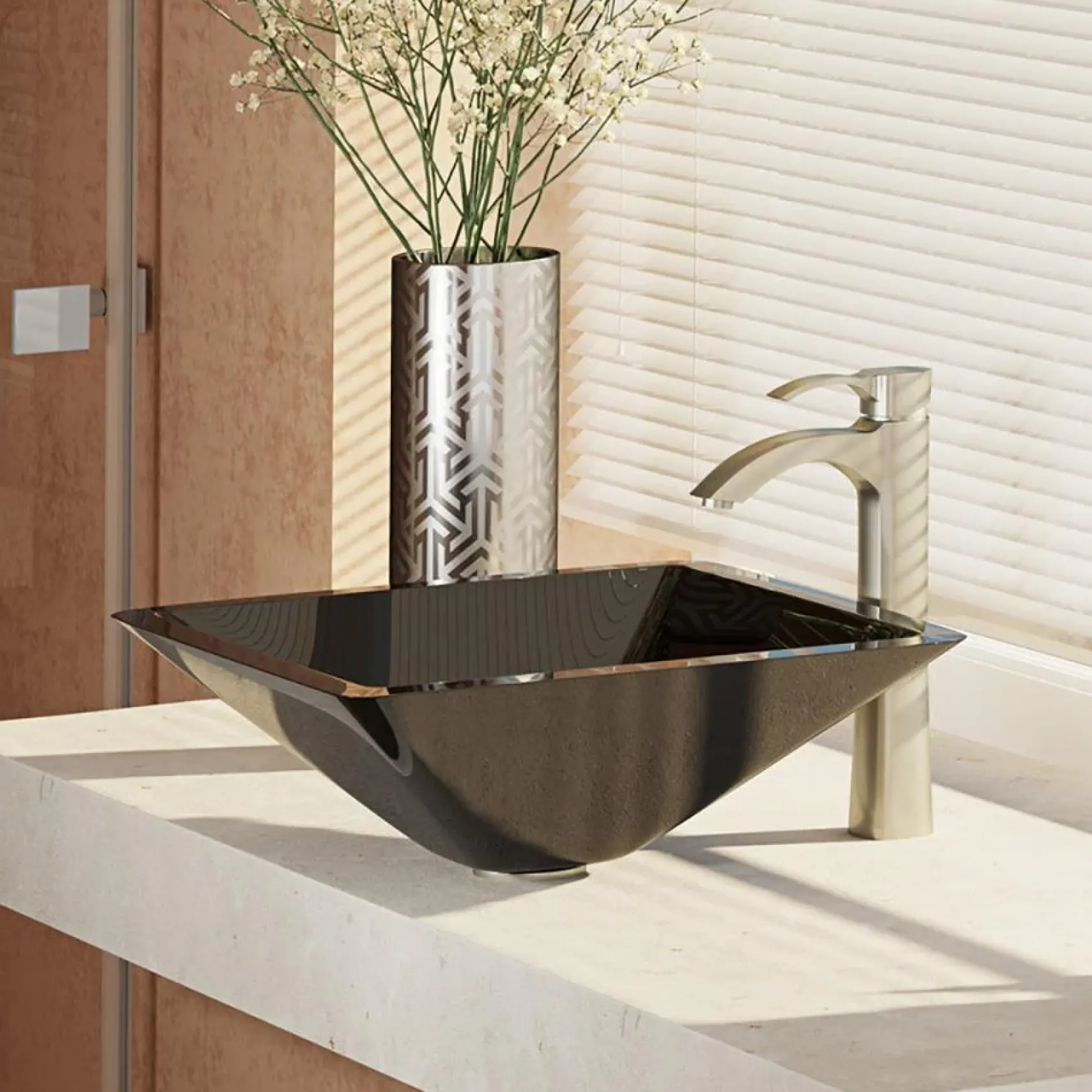 Rene 17" Square Glass Bathroom Sink, Noir, with Faucet, R5-5003-NOR-R9-7006-BN