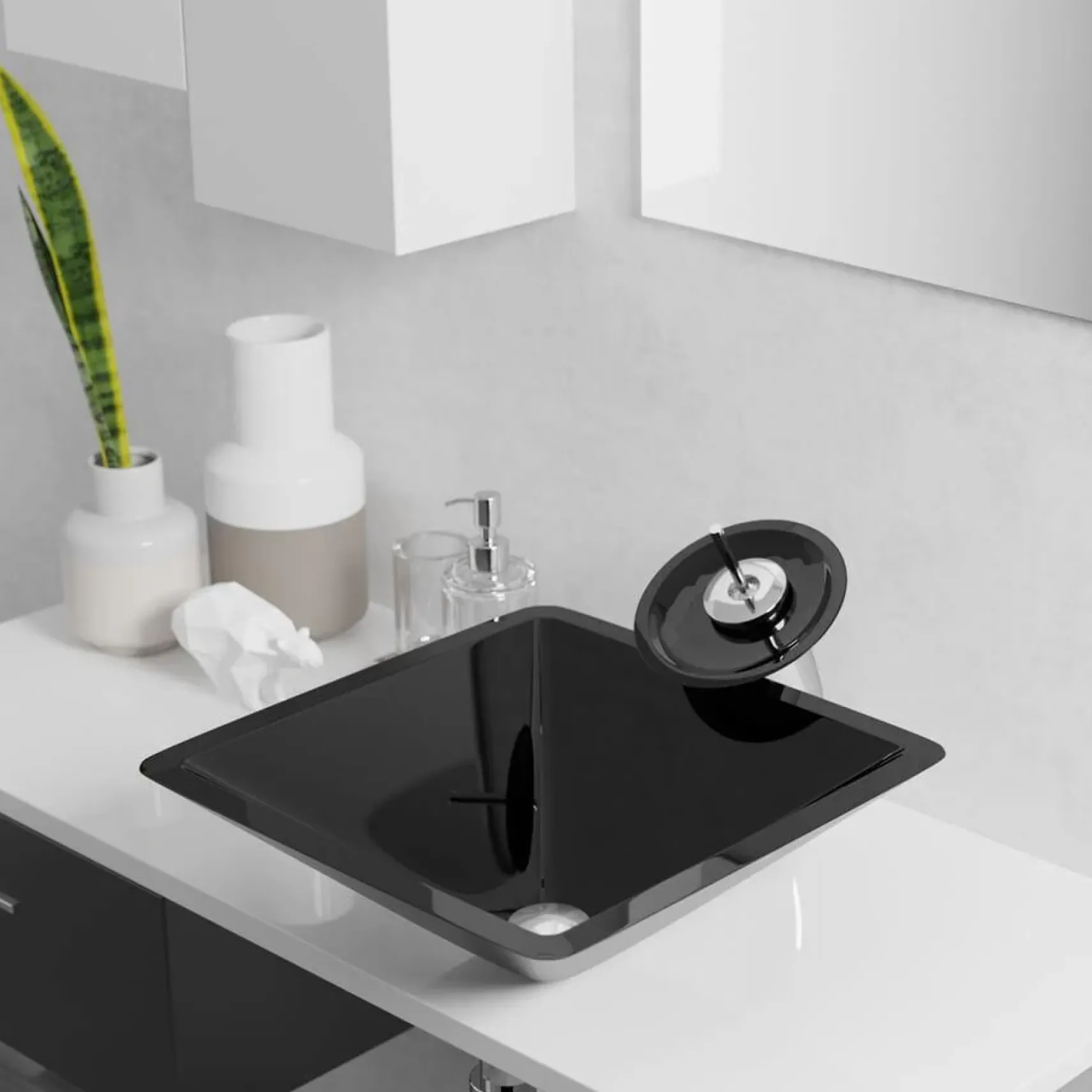 Rene 17" Square Glass Bathroom Sink, Noir, with Faucet, R5-5003-NOR-R9-7006-BN