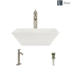 Rene 16" Square Porcelain Bathroom Sink, Biscuit, with Faucet, R2-5010-B-R9-7001-BN