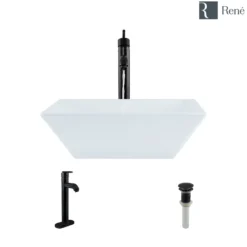 Rene 16" Square Porcelain Bathroom Sink, White, with Faucet, R2-5010-W-R9-7001-ABR