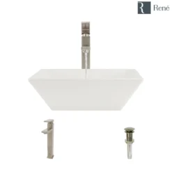 Rene 16" Square Porcelain Bathroom Sink, Biscuit, with Faucet, R2-5010-B-R9-7003-BN