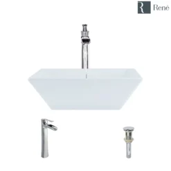 Rene 16" Square Porcelain Bathroom Sink, White, with Faucet, R2-5010-W-R9-7007-C