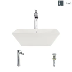 Rene 16" Square Porcelain Bathroom Sink, Biscuit, with Faucet, R2-5010-B-R9-7007-C