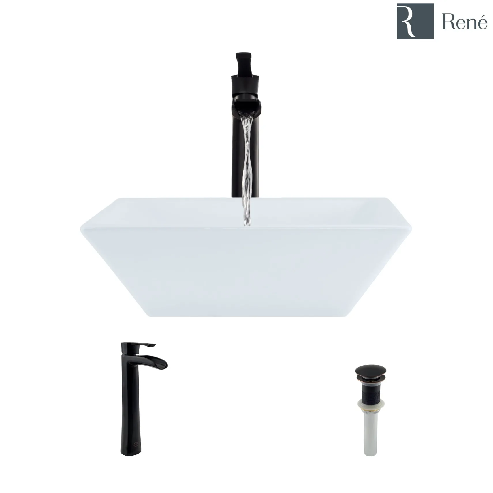 Rene 16" Square Porcelain Bathroom Sink, White, with Faucet, R2-5010-W-R9-7007-ABR