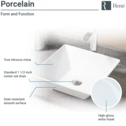 Rene 16" Square Porcelain Bathroom Sink, White, with Faucet, R2-5010-W-R9-7007-ABR