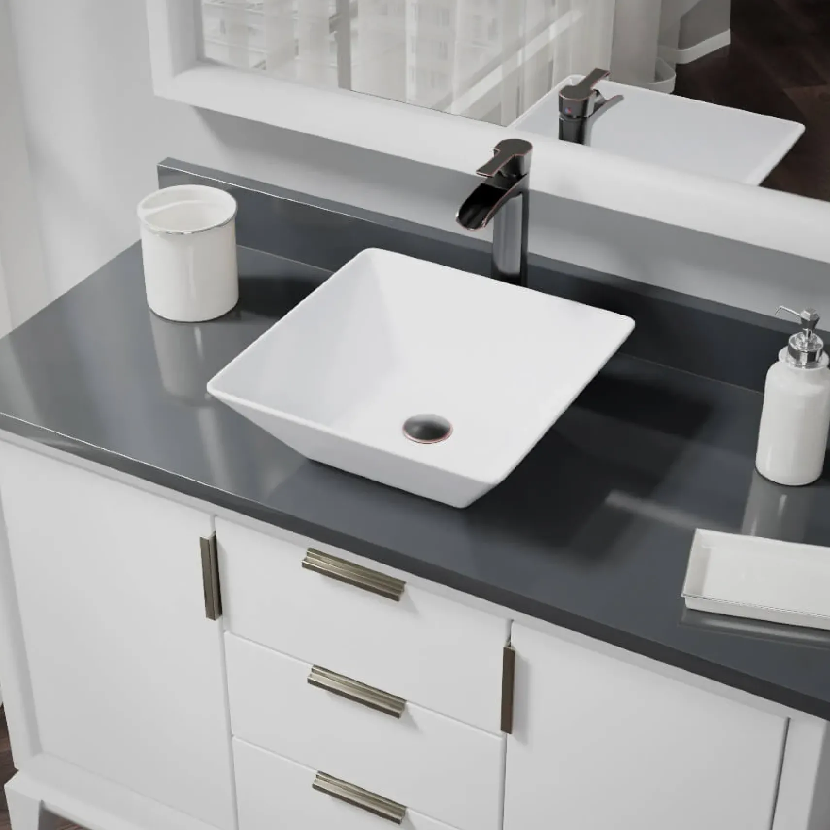 Rene 16" Square Porcelain Bathroom Sink, White, with Faucet, R2-5010-W-R9-7007-ABR