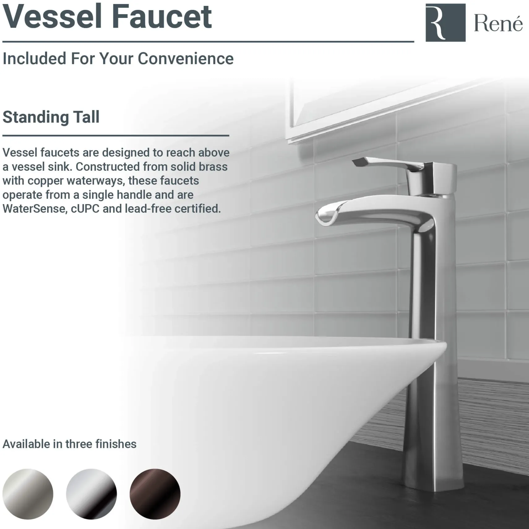 Rene 16" Square Porcelain Bathroom Sink, White, with Faucet, R2-5010-W-R9-7007-ABR