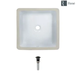 Rene 16" Square Porcelain Bathroom Sink, White, R2-1006-W-PUD-ABR
