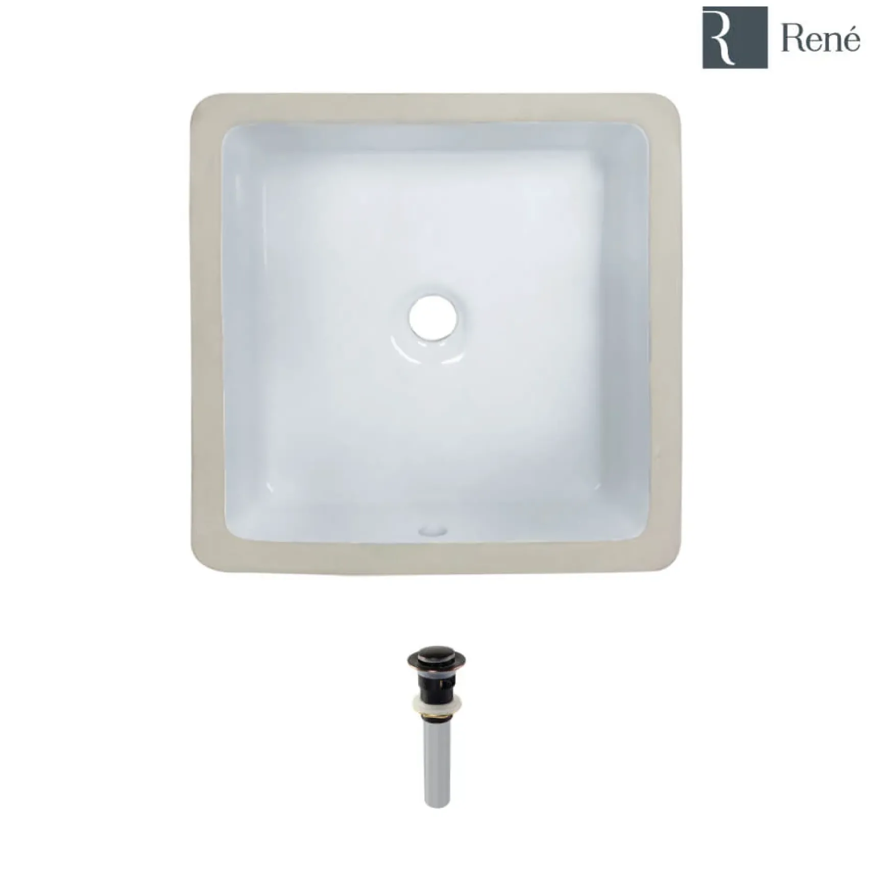 Rene 16" Square Porcelain Bathroom Sink, White, R2-1006-W-PUD-ABR