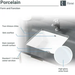 Rene 16" Square Porcelain Bathroom Sink, White, R2-1006-W-PUD-ABR