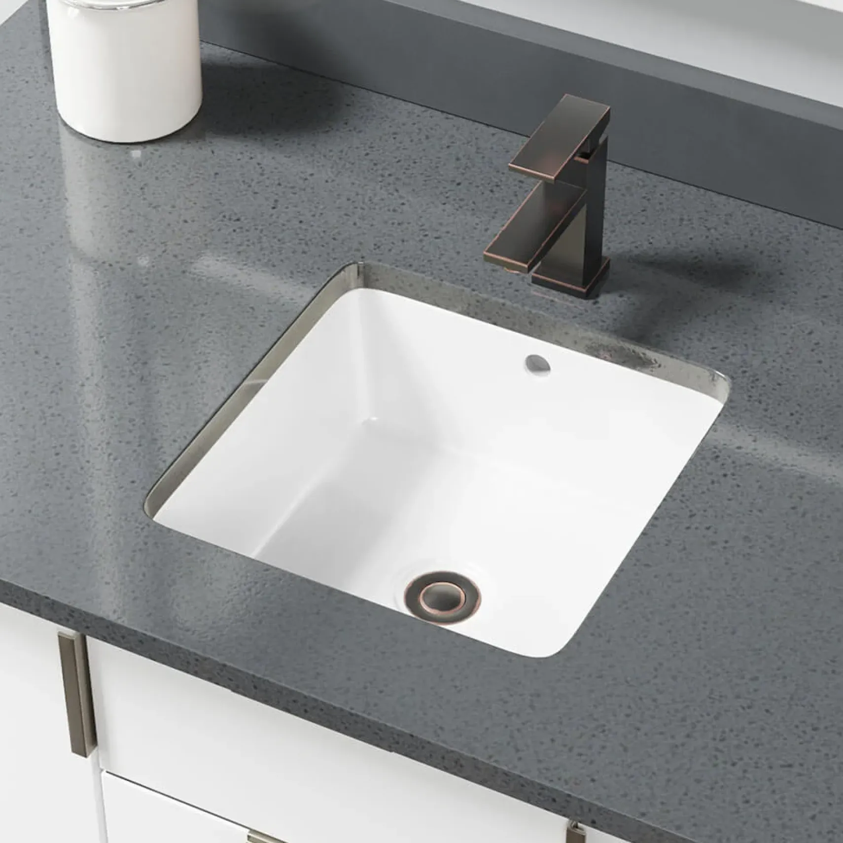Rene 16" Square Porcelain Bathroom Sink, White, R2-1006-W-PUD-ABR