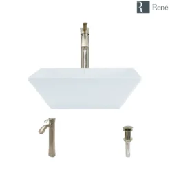 Rene 16" Square Porcelain Bathroom Sink, White, with Faucet, R2-5010-W-R9-7006-BN
