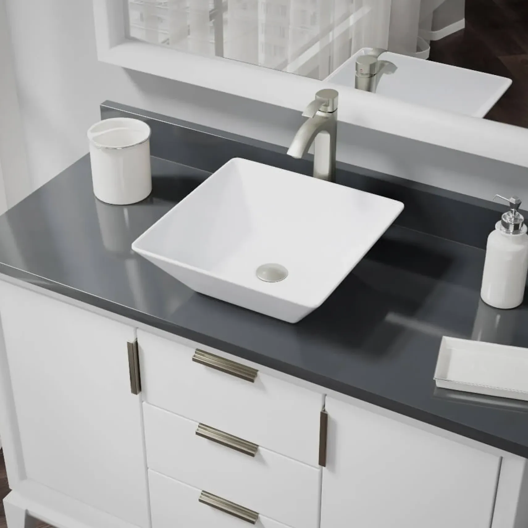 Rene 16" Square Porcelain Bathroom Sink, White, with Faucet, R2-5010-W-R9-7006-BN