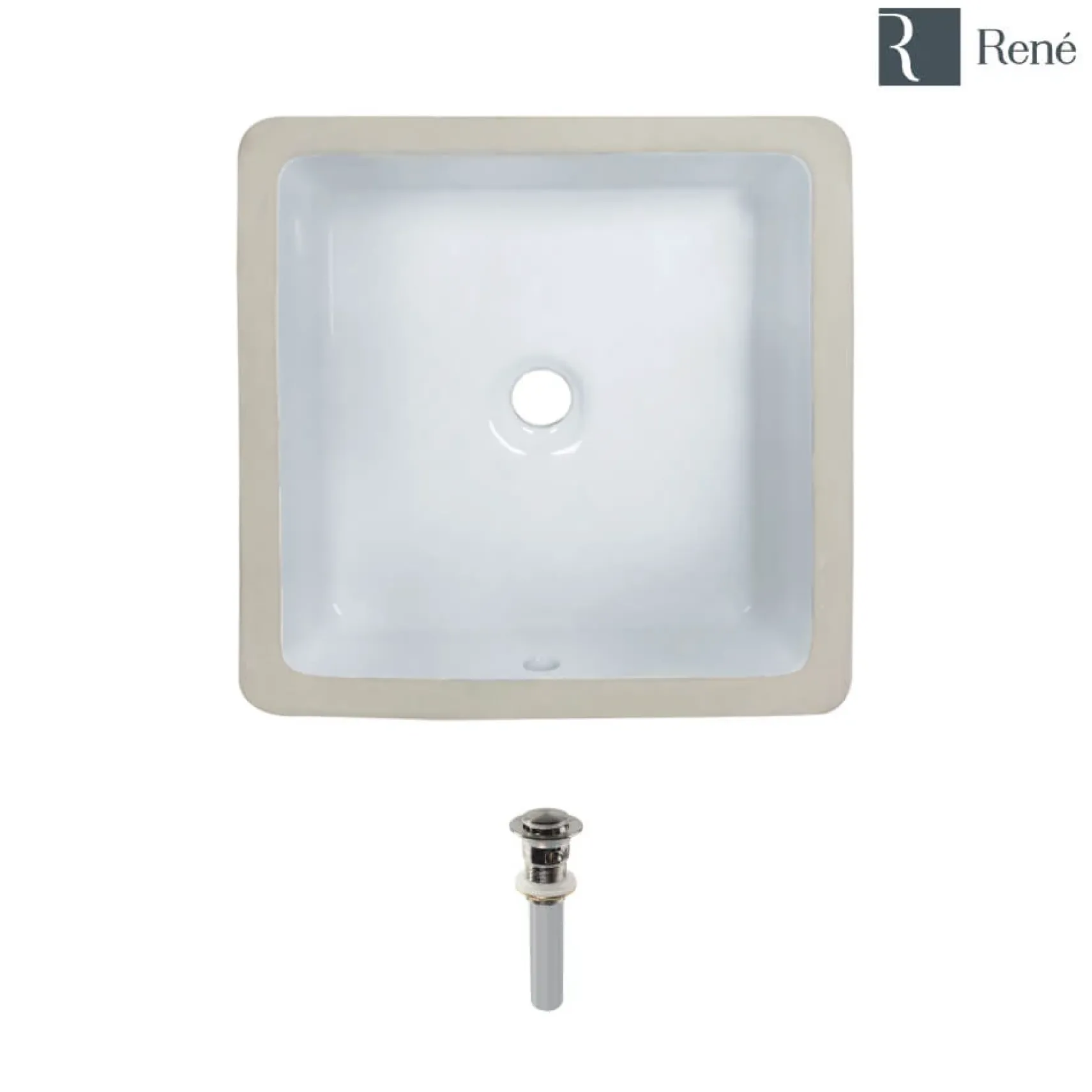 Rene 16" Square Porcelain Bathroom Sink, White, R2-1006-W-PUD-BN